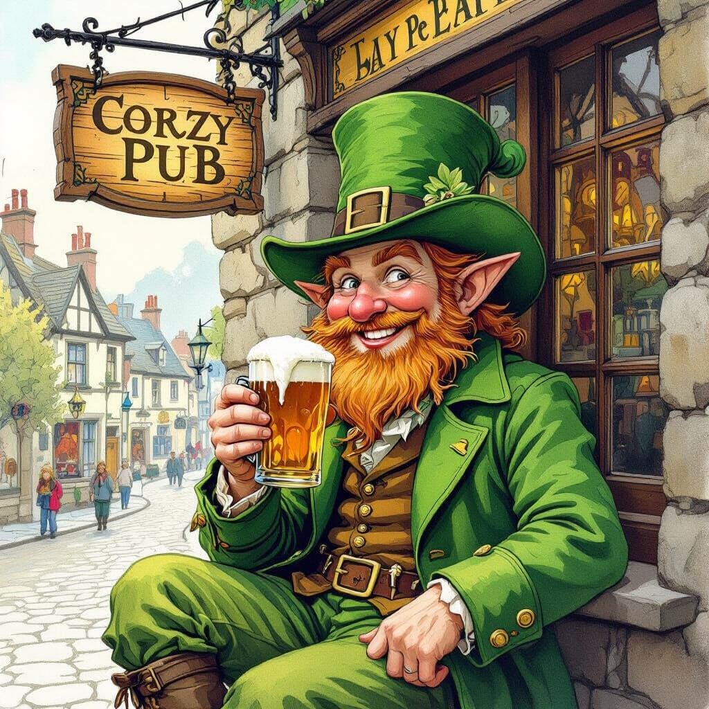 Leprechaun Enjoying a Pint in Whimsical Folkloric Style