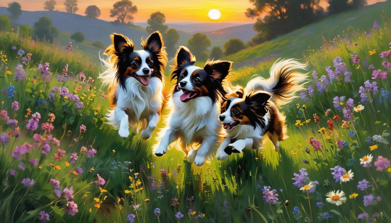 Papillon Dogs in Wildflower Meadow: Impressionistic Sunset