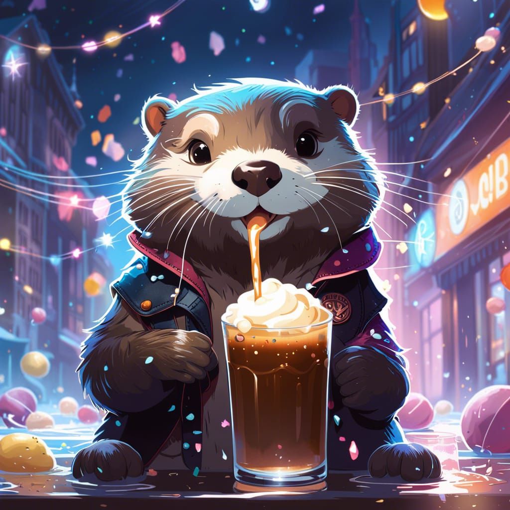 Otter Enjoying Root Beer Float in Fantasy Art Style