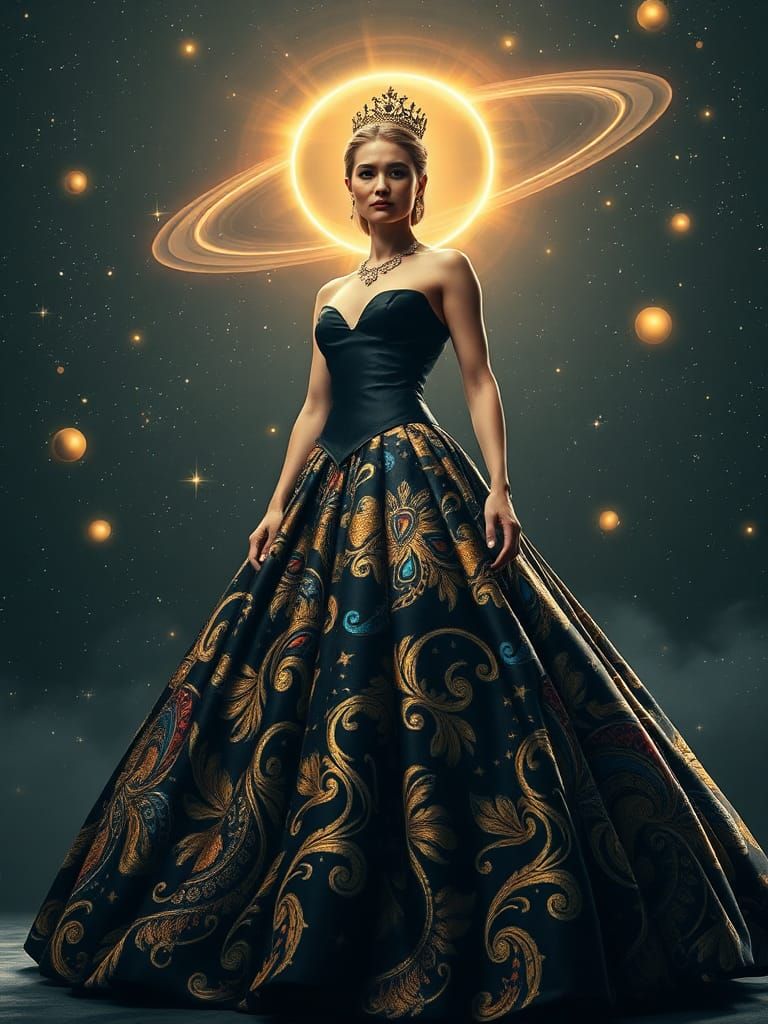 Celestial Queen in Gown of Stars and Planets