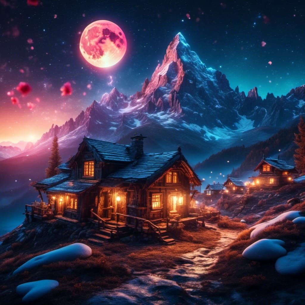 Serene Mountain Village at Night in Fantasy Art