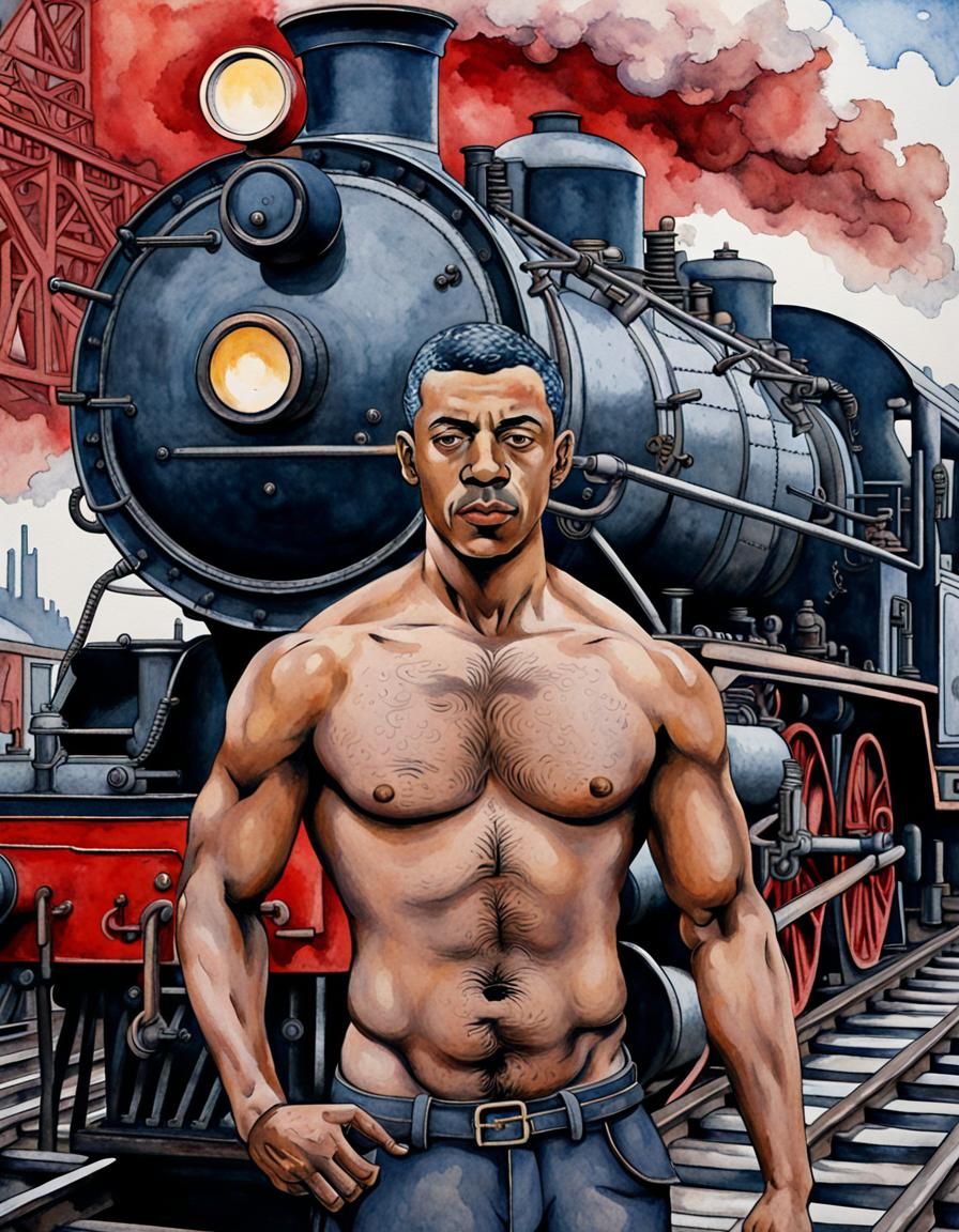 Muscular Man with Steampunk Engine in Linocut Style