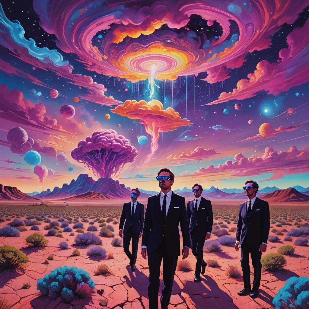 Psychedelic Sci-Fi Men in Black: Surreal Desert Art