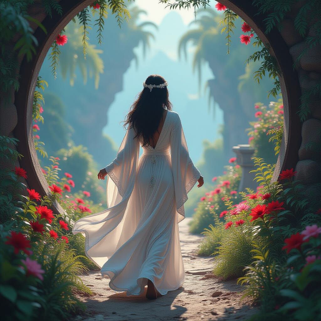 Woman Embraces Happiness Amidst Vibrant Fantasy Art