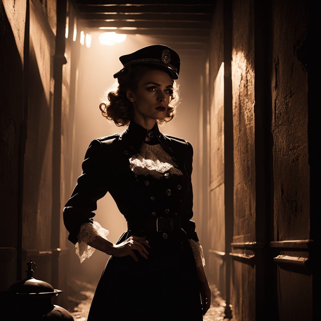 Sultry Woman in Tattered Uniform, Film Noir Style