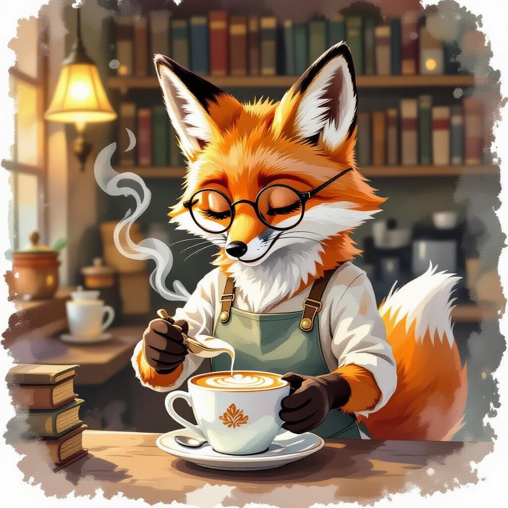 Anthropomorphic Fox Barista Crafts Latte Art in Cozy Cafe