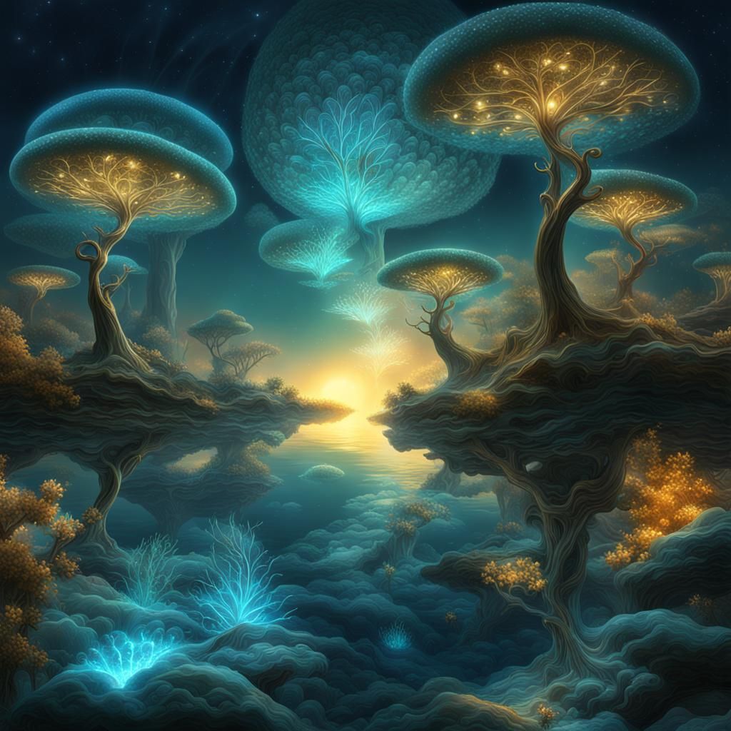 Bioluminescent Elves in a Magical Landscape
