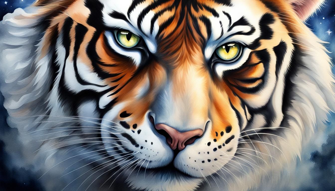 Angelic Woman and Furious Tiger Under Moonlight