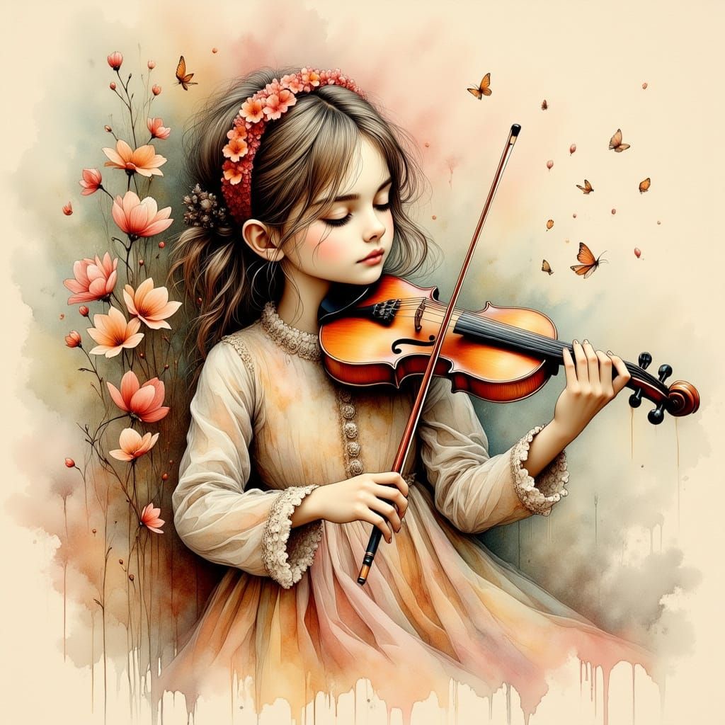 Dreamy Portrait of a Young Girl Playing the Violin