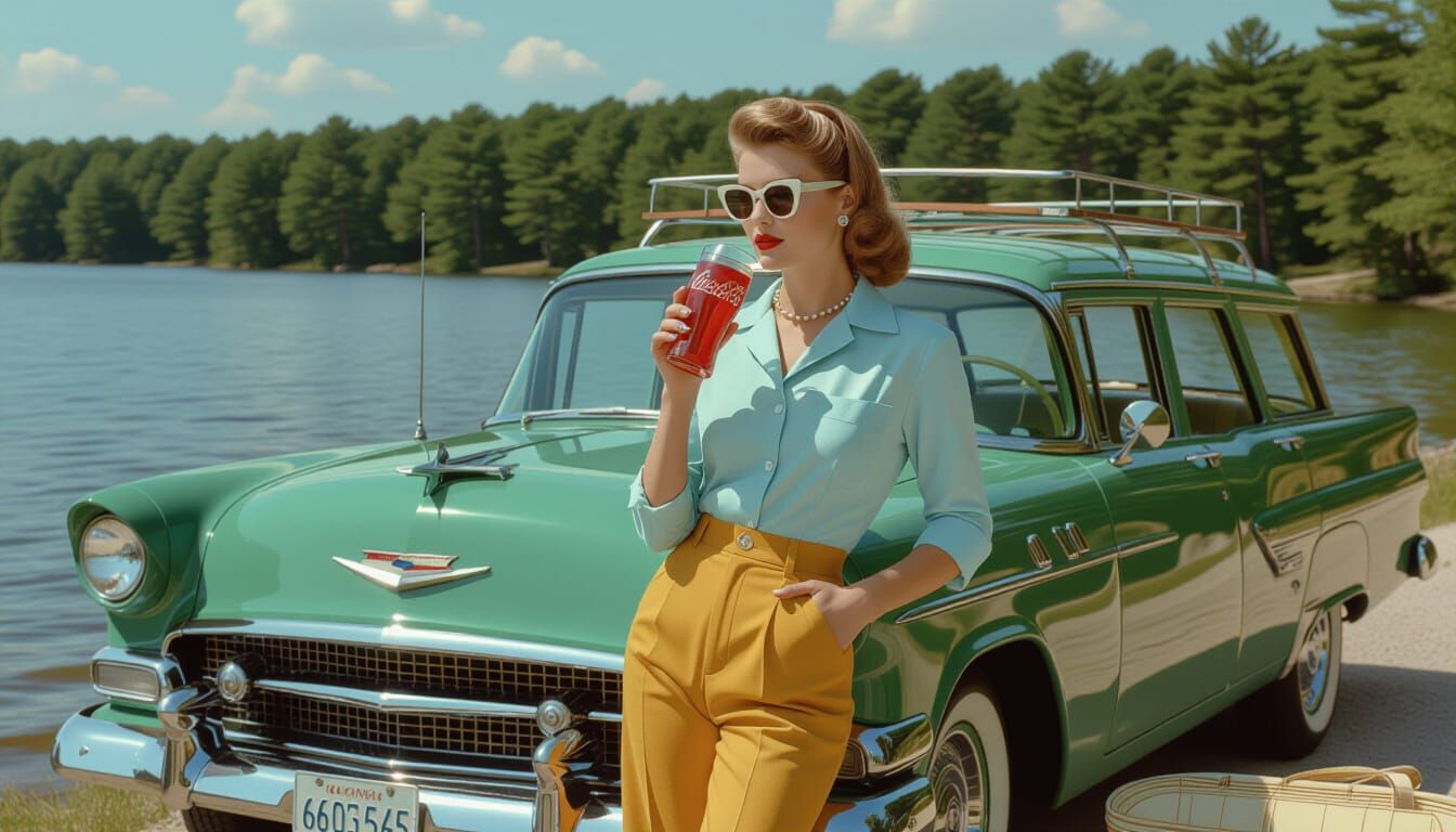 1950s Woman with Coke by Vintage Car