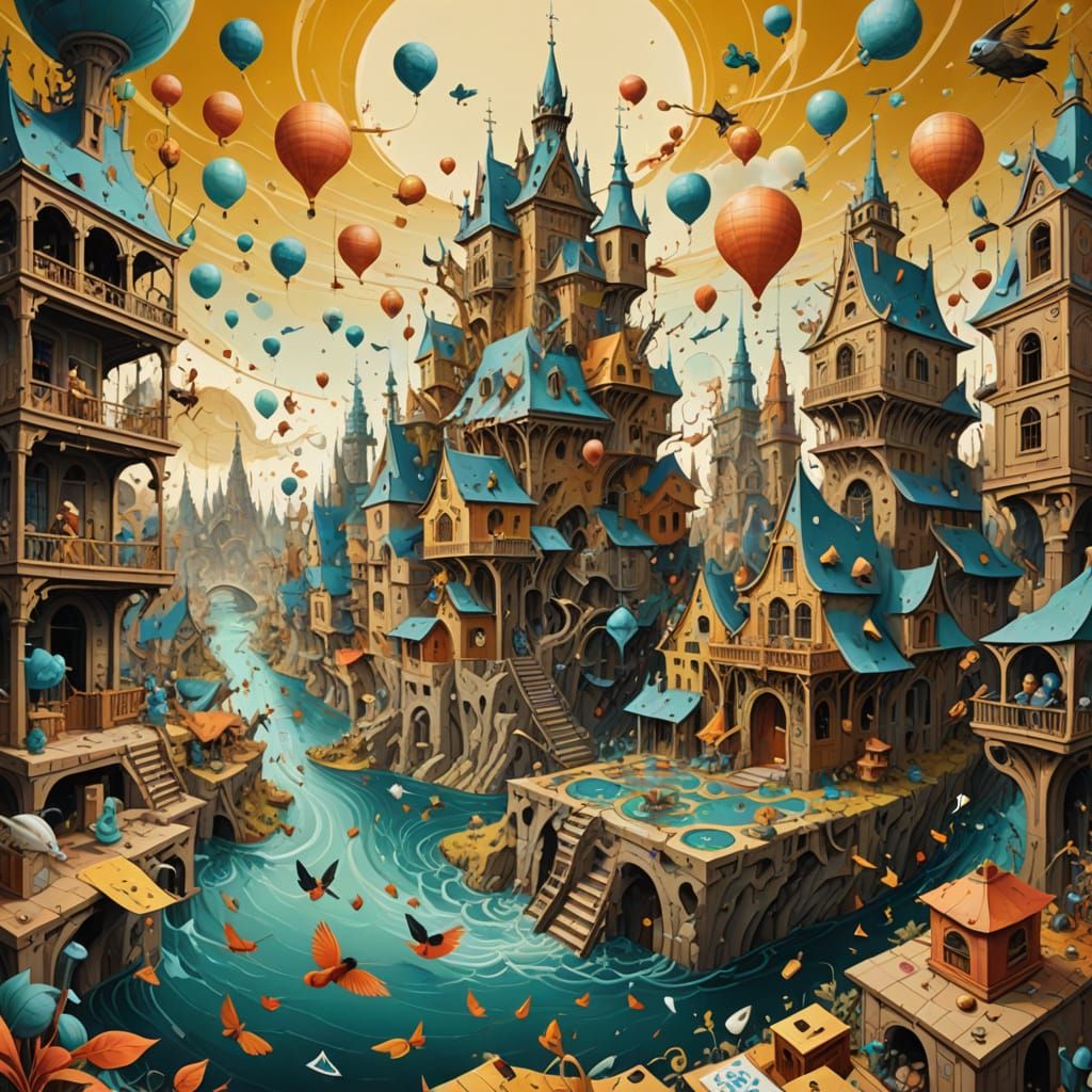 Surreal Cityscape of Playing Card Buildings and Gold Rivers