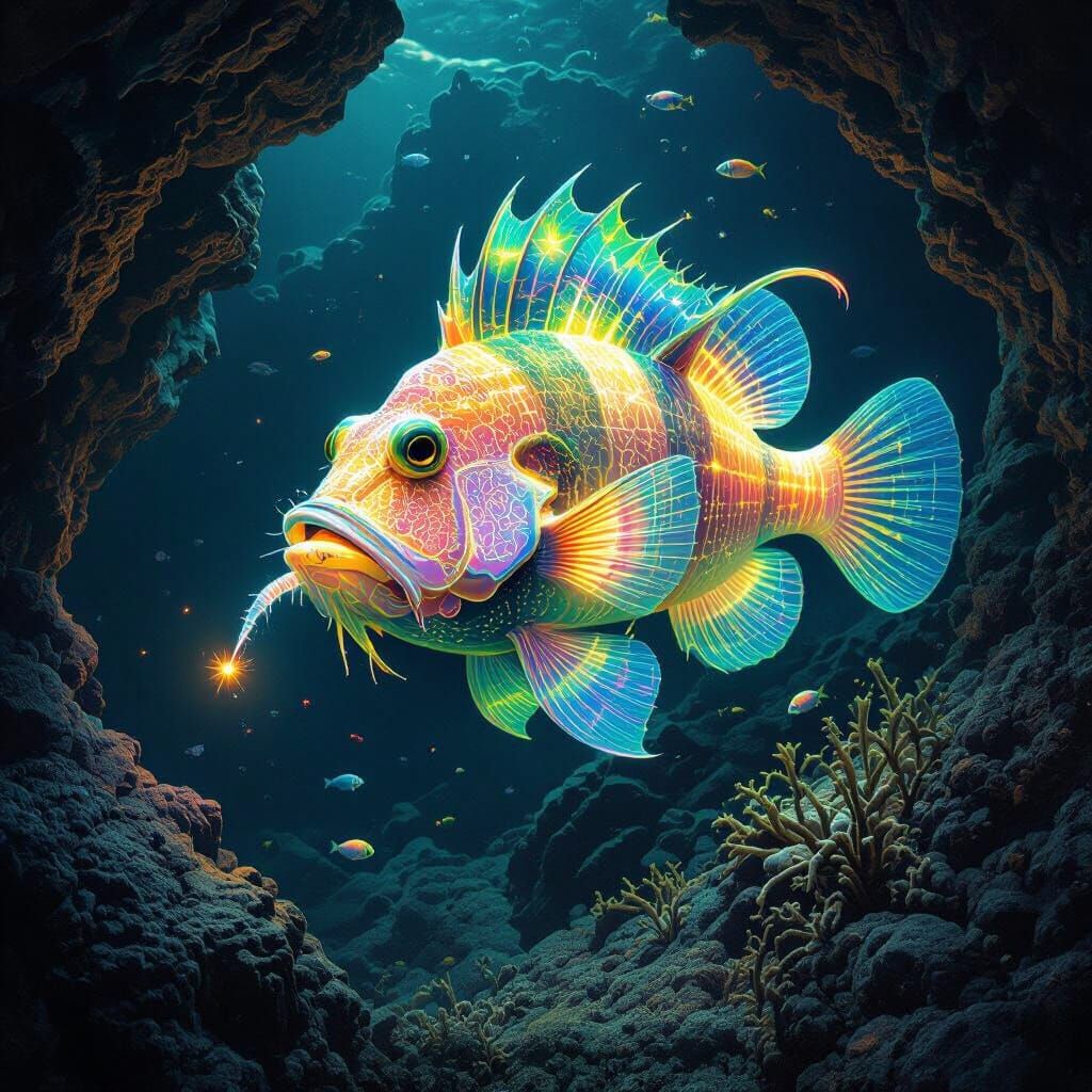 Bioluminescent Anglerfish in Eerie, Biomechanical Depths