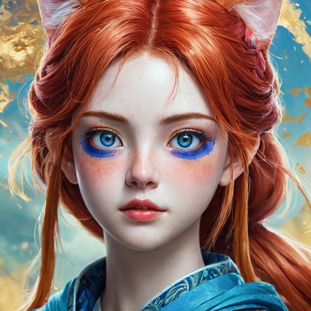 Anime Portrait of Girl with Red Hair and Blue Eyes