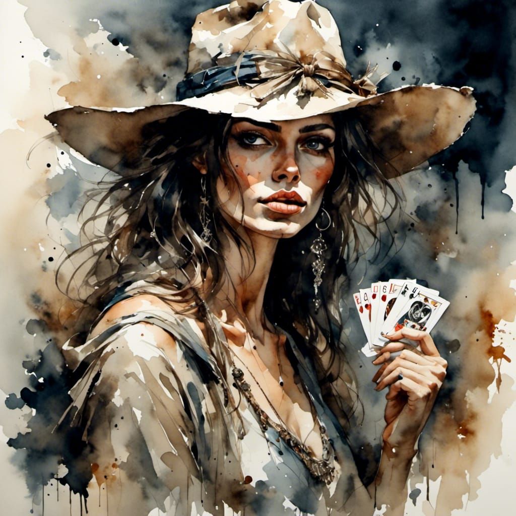 Veiled Woman in Wild West: Antique Watercolor