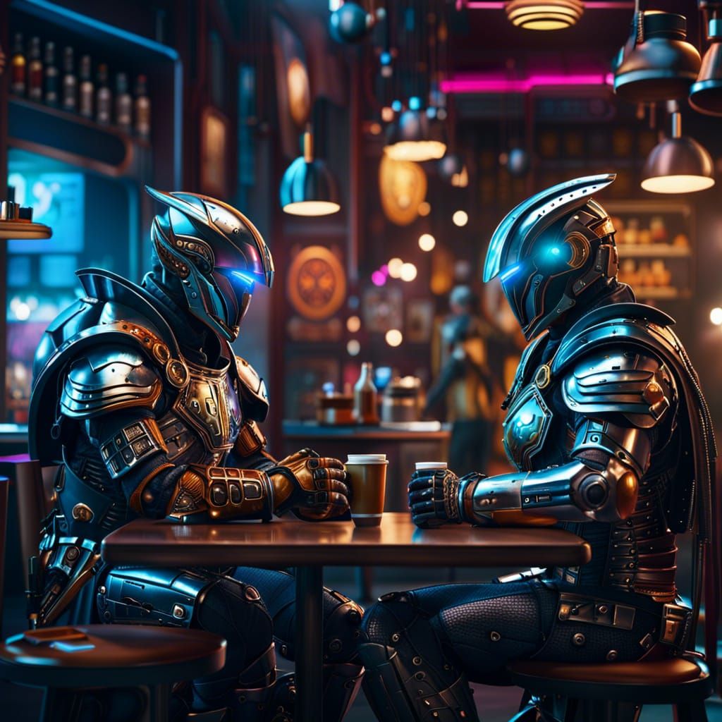 Cyberpunk Warriors Chat in Neon Coffee Shop