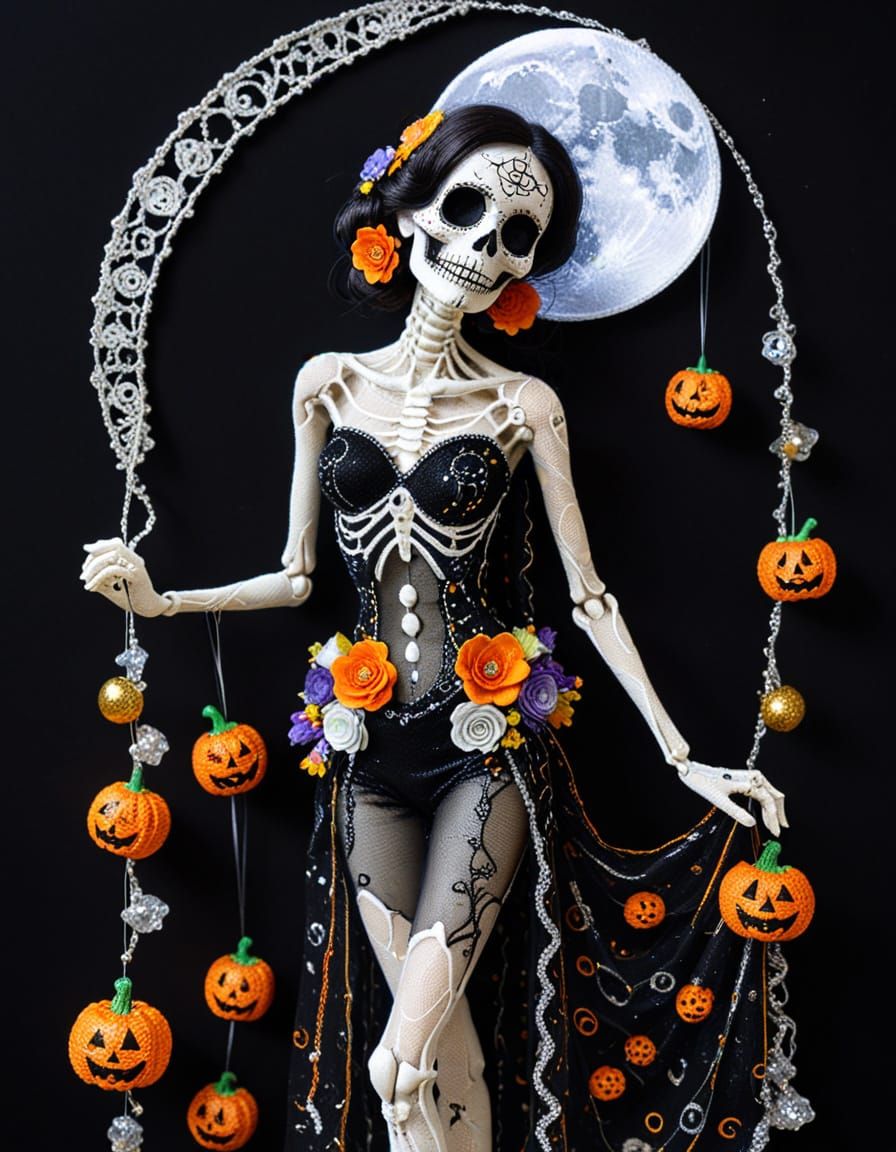 Klimt-Inspired Halloween Calavera with Cosmic Silk