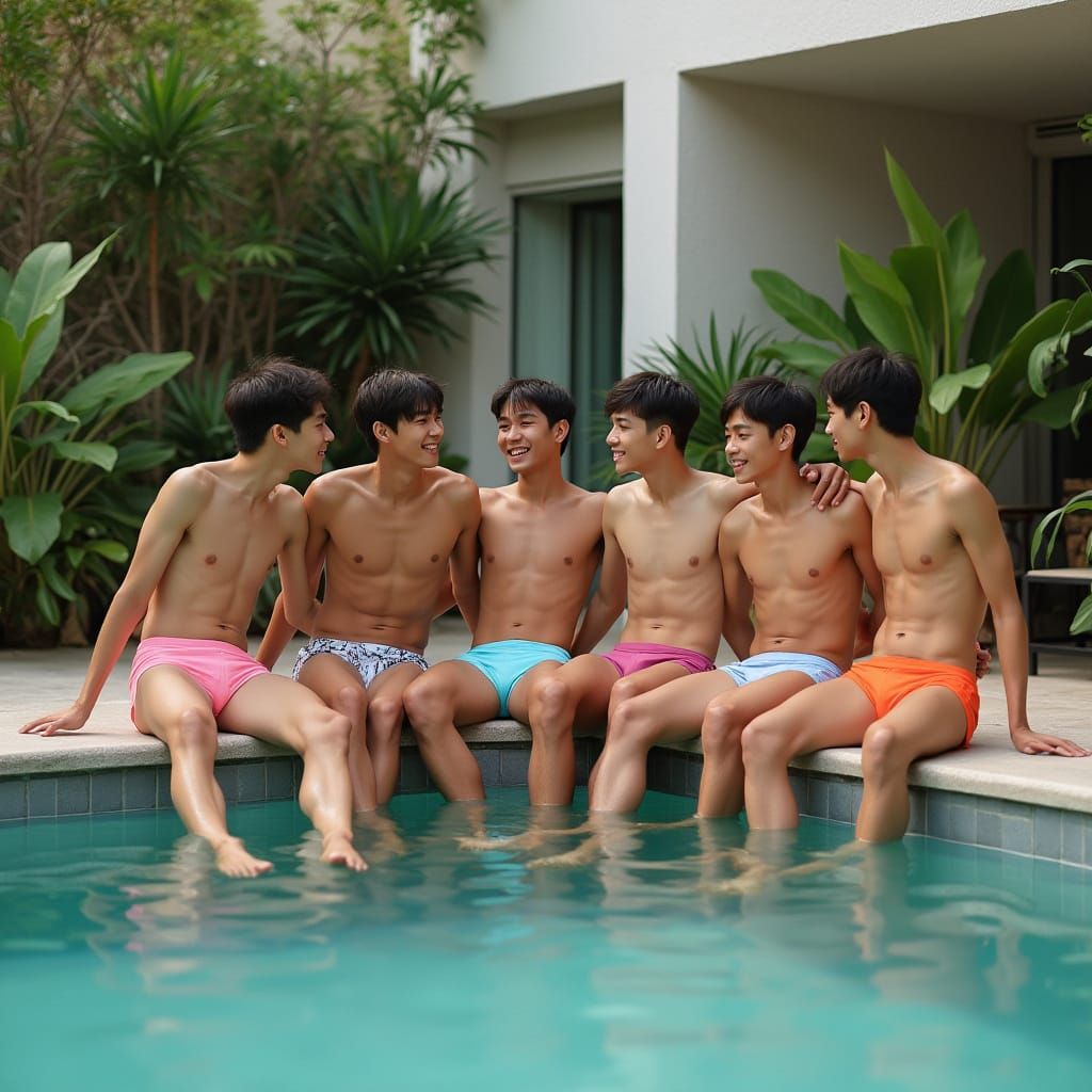 Handsome Young Asian Men Relax by the Pool in a Summery Idyl...