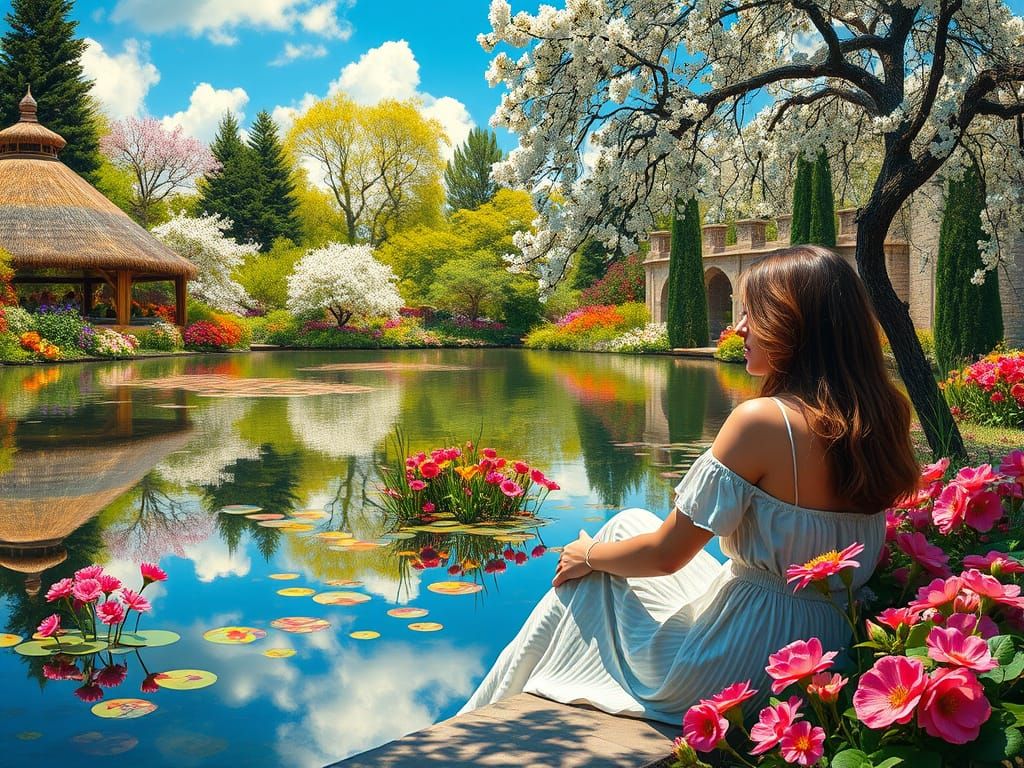 Woman in Garden Reflecting Impressionistic Style