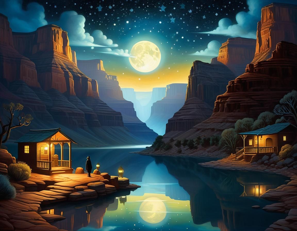 Magical Night in Grand Canyon: Whimsical Illustration