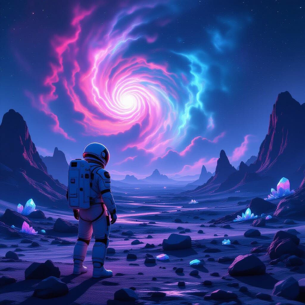 Astronaut Gazes at Nebula on Alien Planet in Synthwave Style