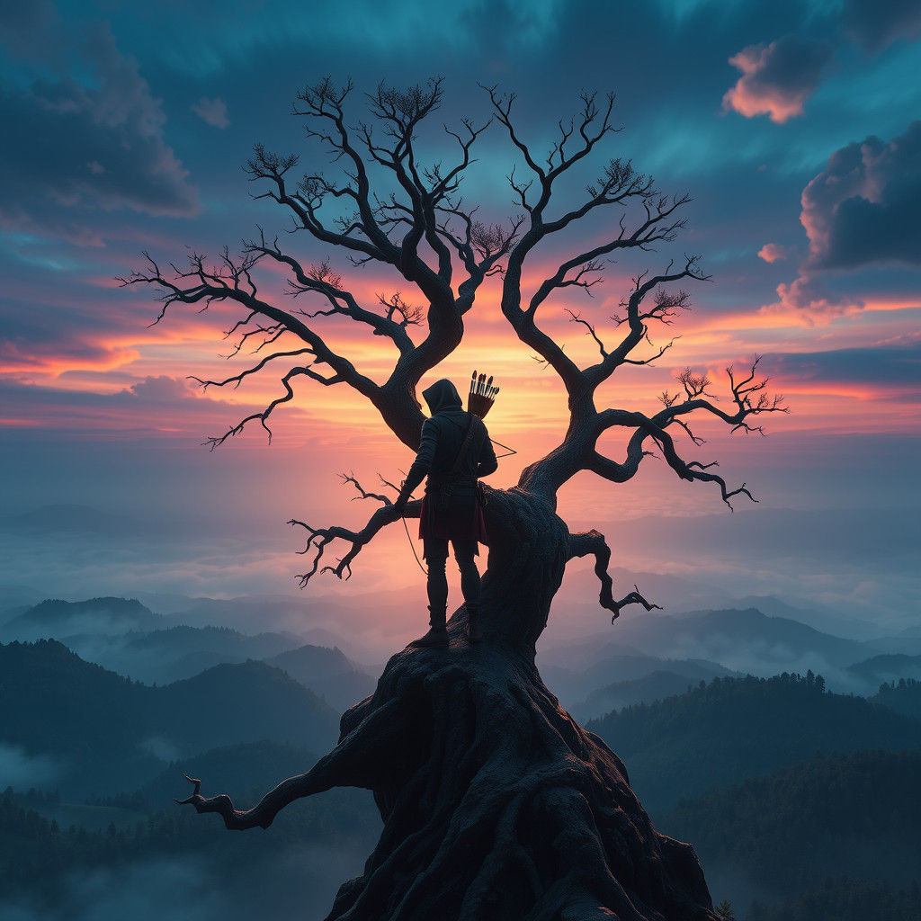 Heroic Archer Overlooks Dreamlike Landscape as Matte Paintin...