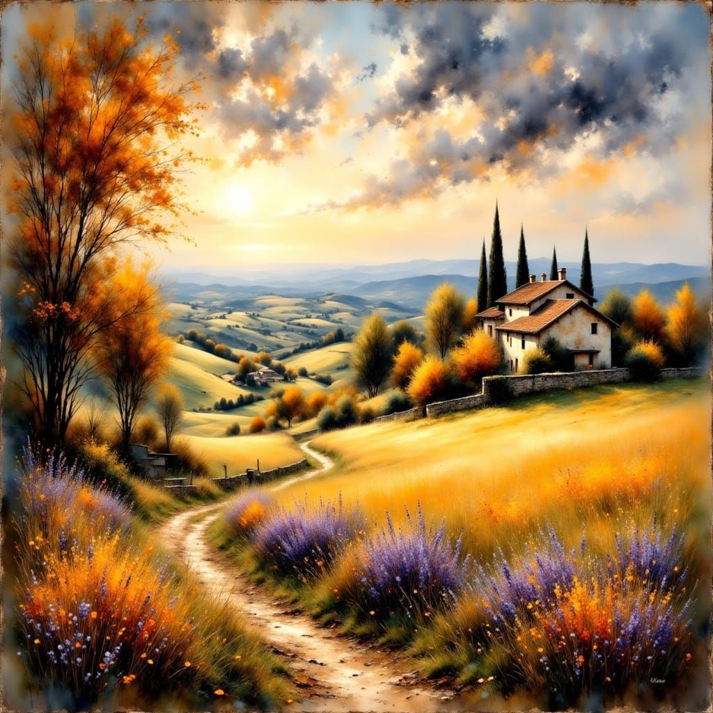 Tuscan Countryside Landscape in Impressionistic Style