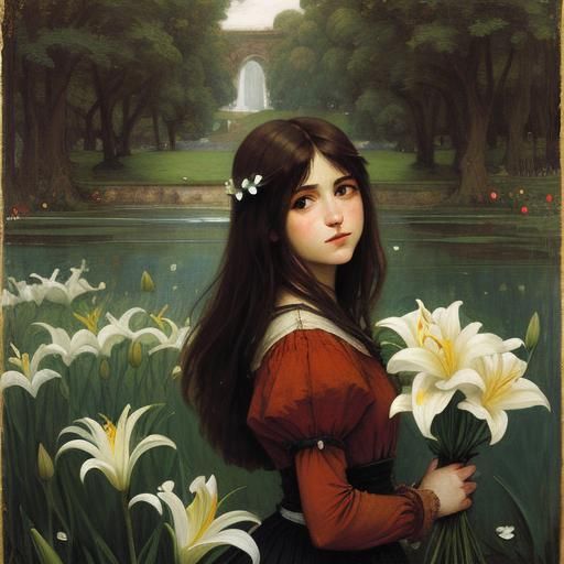 Woman with Lilies in Pre-Raphaelite Style
