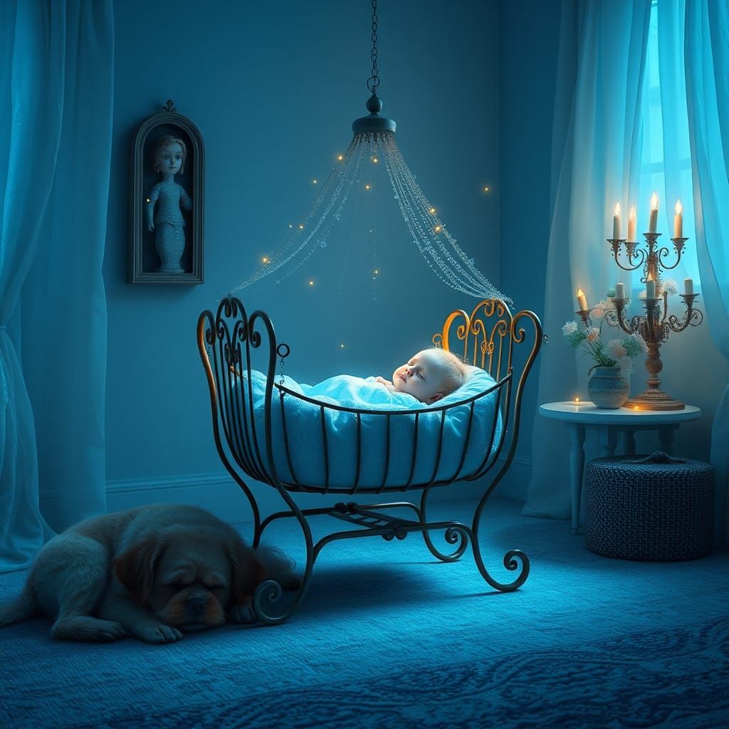 Serene Cradle Scene in Detailed Oil Painting Style