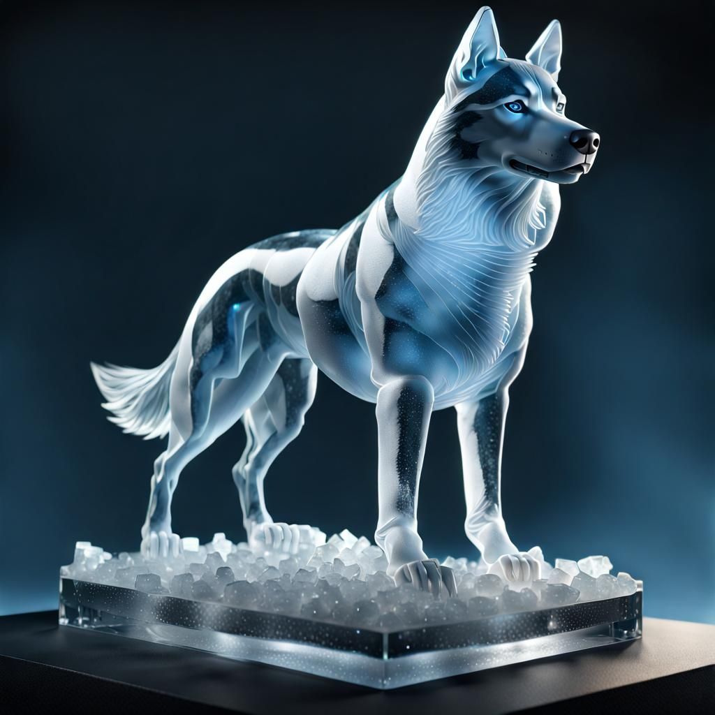 Intricate Ice Sculpture of a Siberian Husky