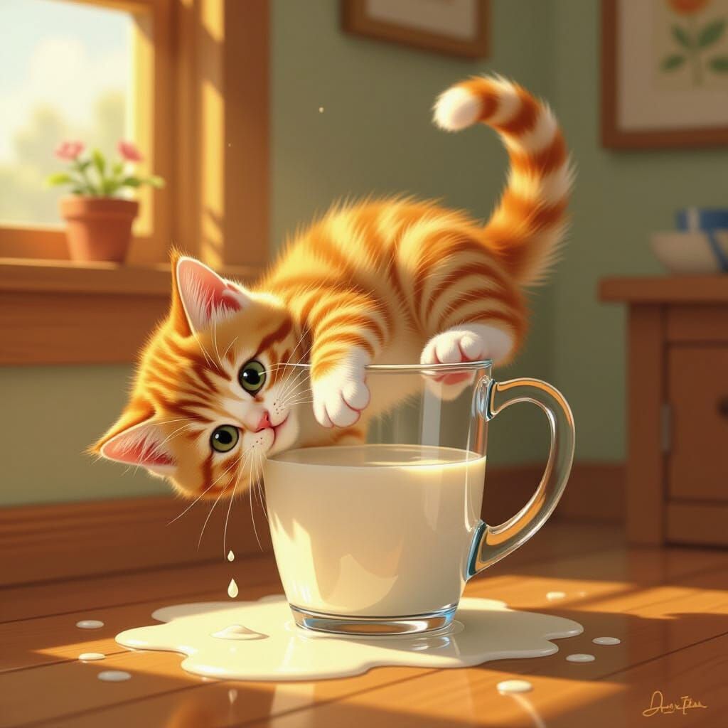 Kitten Tumbles Over Milk Pitcher With Wide Eyes