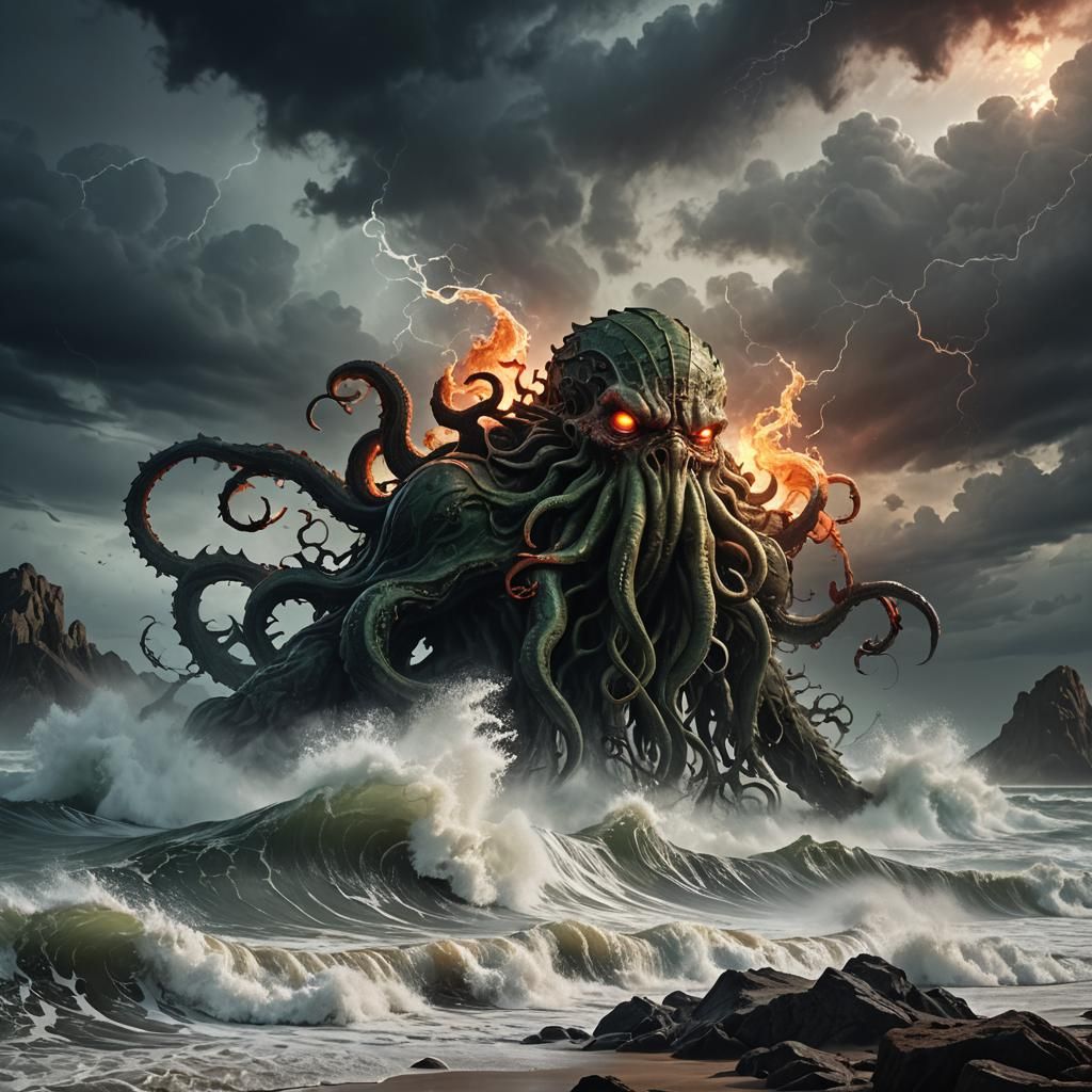 Cthulhu Rises from the Stormy Sea