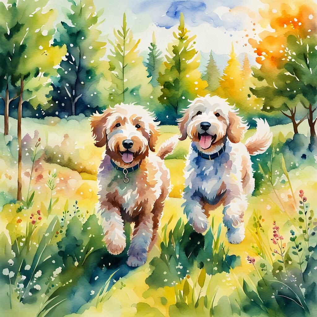 Golden Doodles Play in Meadow Watercolor Painting