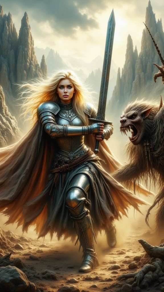 Female Knight Battles Orc in Middle-earth Landscape