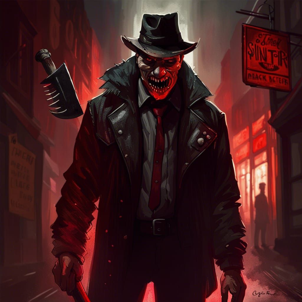 Sinister Butcher with Bloody Hatchet in Dark Street