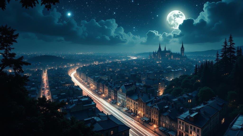 Moonlit Cityscape with Starry Skies and Car Light Trails