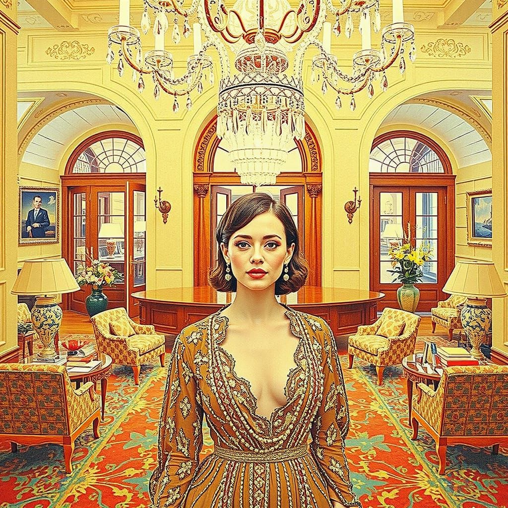 Elegant Woman in Evening Gown: Hyperrealistic Indoor Portrai...