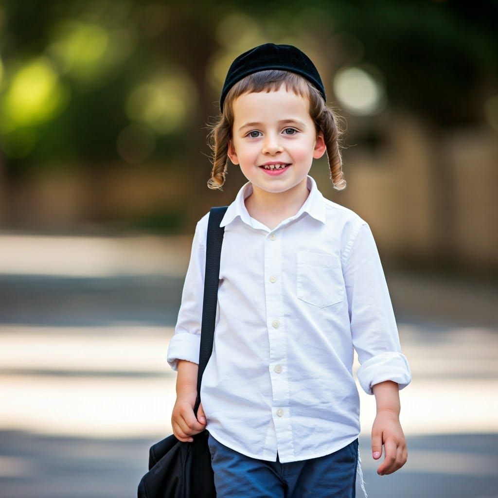 Smiling Hasidic Boy Walking on Sunny Street