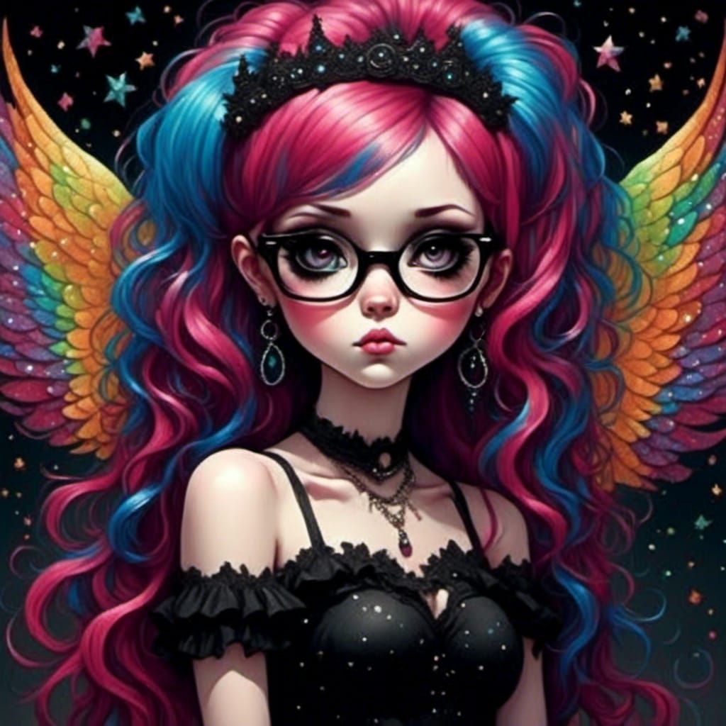 Glittery Rainbow Fairy in Goth Anime Style