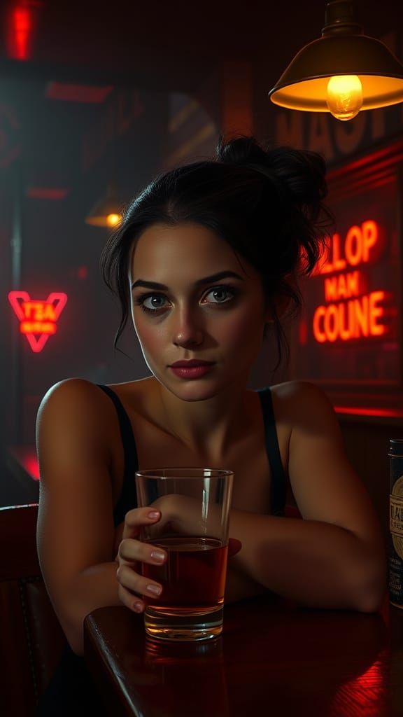 Pensive Woman in Smoky Speakeasy Bar