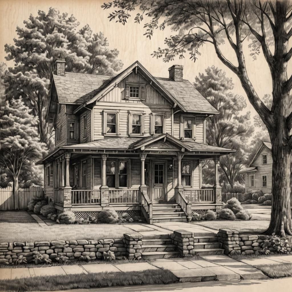 Cozy House: Detailed Pencil and Graphite Architectural Drawi...