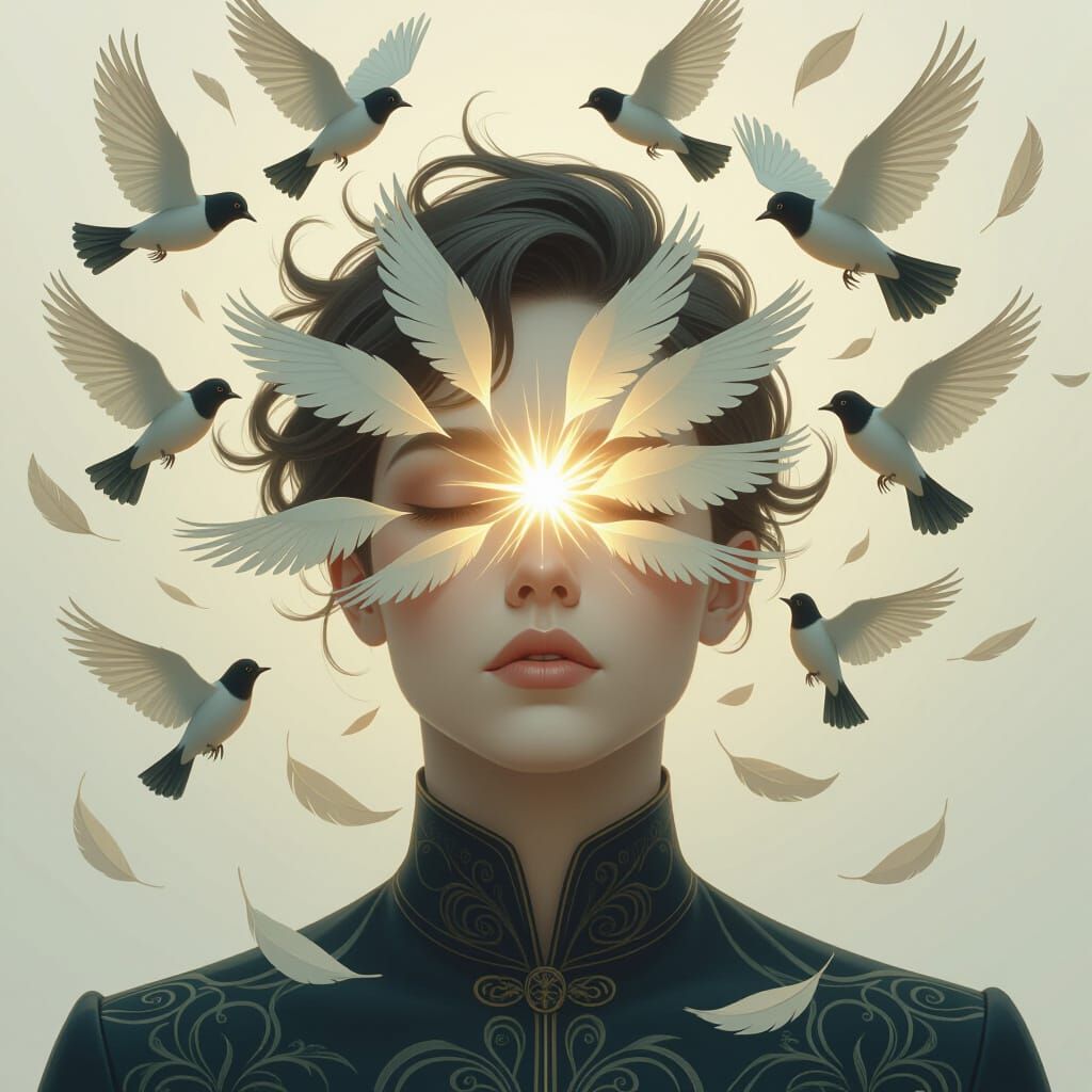 Surreal Figure Releasing Birds of Light