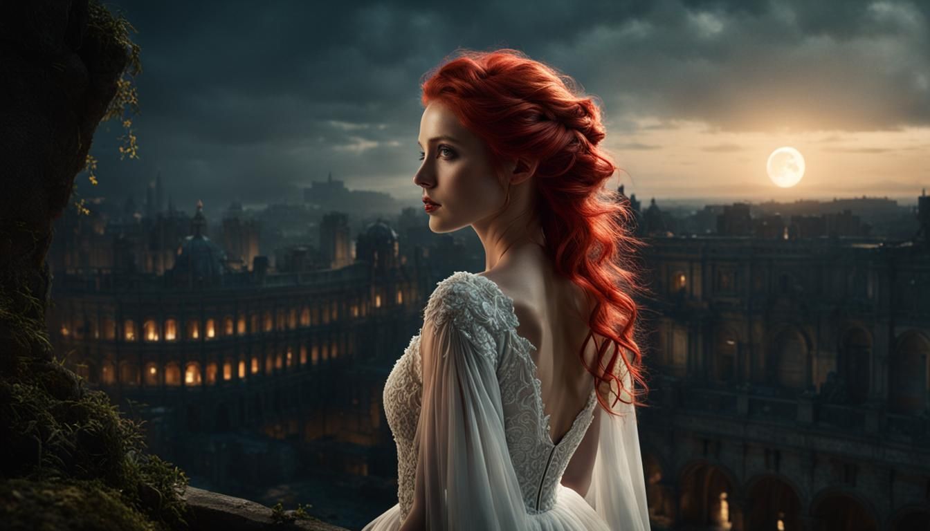 Moonlit Redhead in White Dress: Hyperrealistic Photography