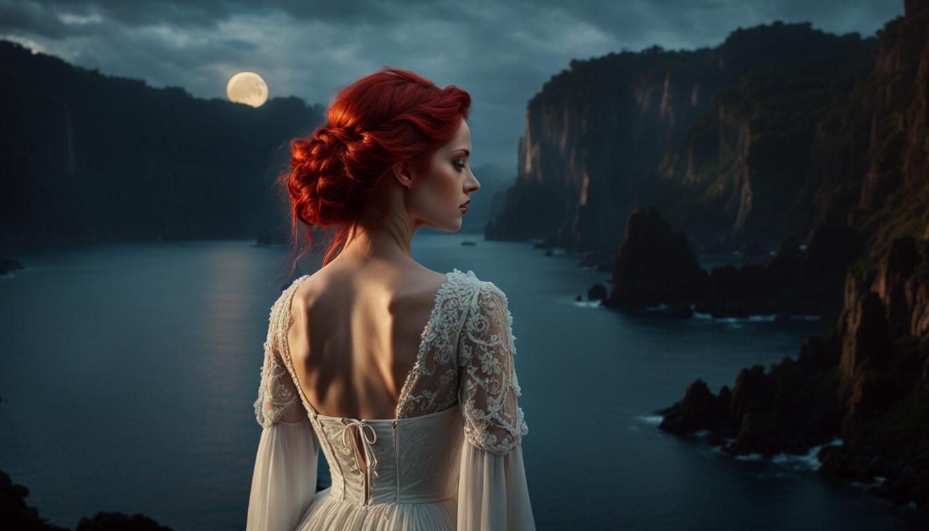 Moonlit Redhead: Hyperrealistic Mixed-Media Masterpiece