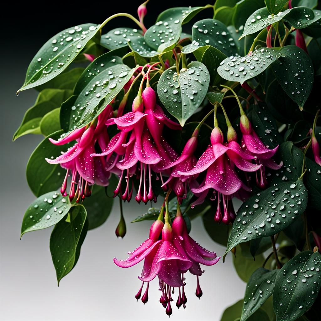 Fuchsia Cluster with Dew Drops on Black Background