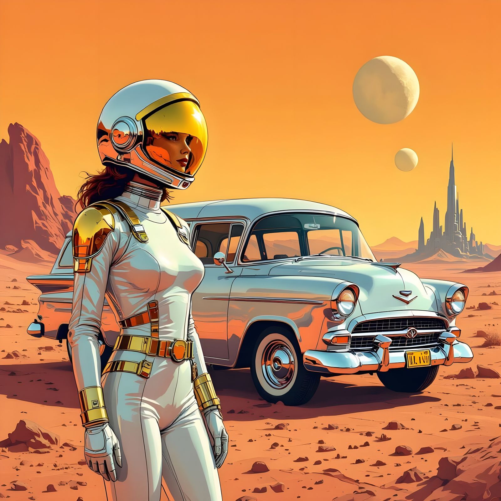 Retro-Futuristic Woman & Van on Alien Planet