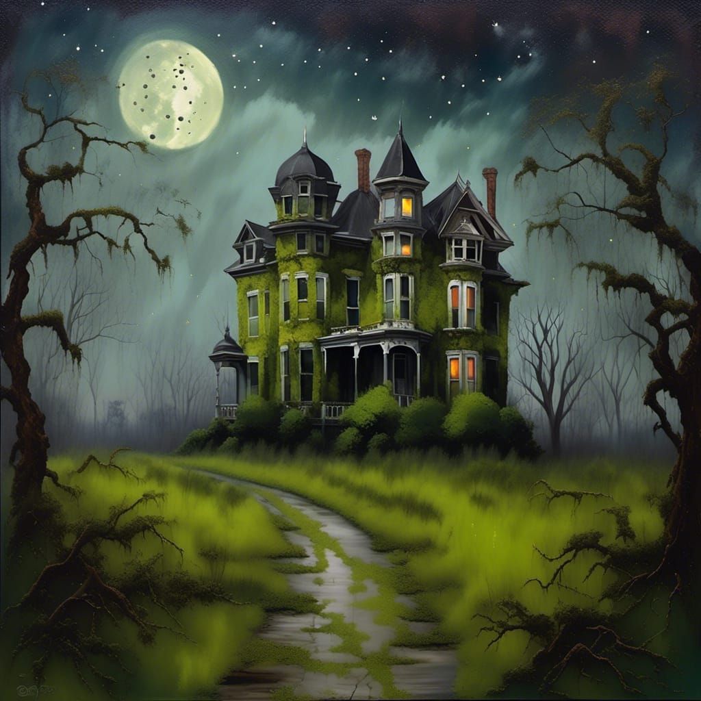 Eerie Victorian Mansion in Surreal Oil Painting