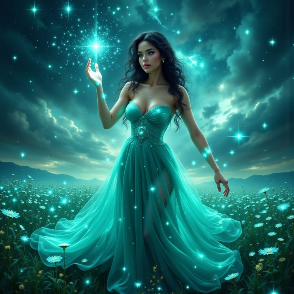 Latina Enchantress Casting Spell in Turquoise Galaxy