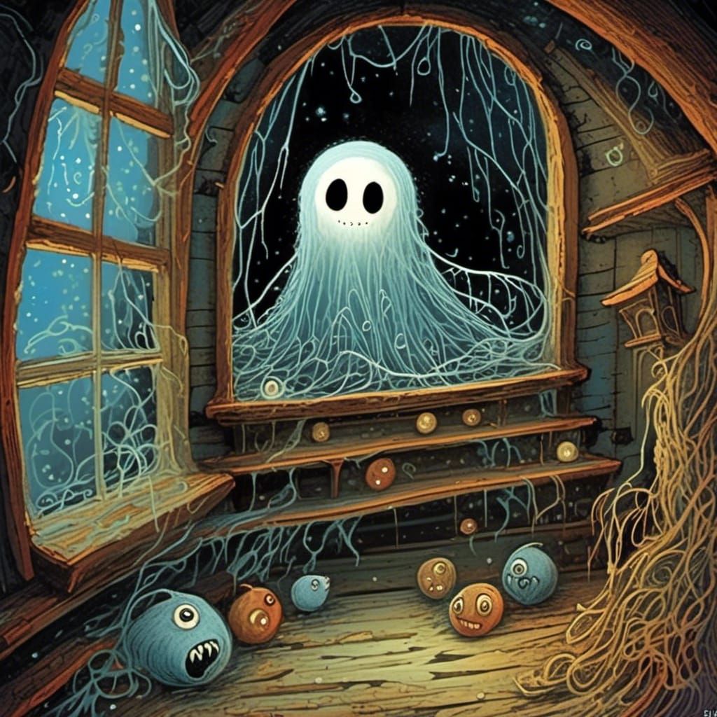 Ghostly Apparition in Dilapidated Attic, in Burtonesque Styl...