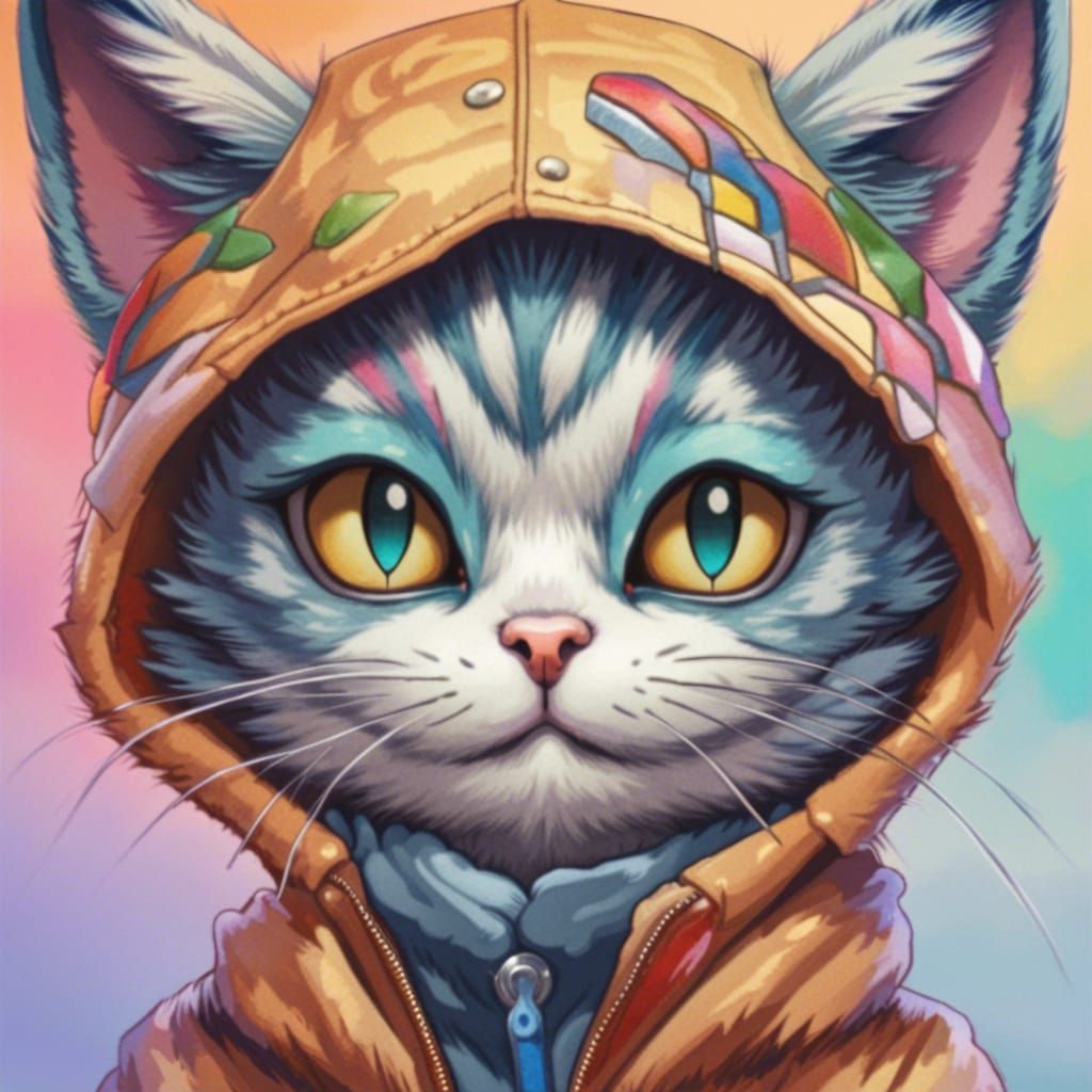 Kemono Cat with Colored Cap Illustration
