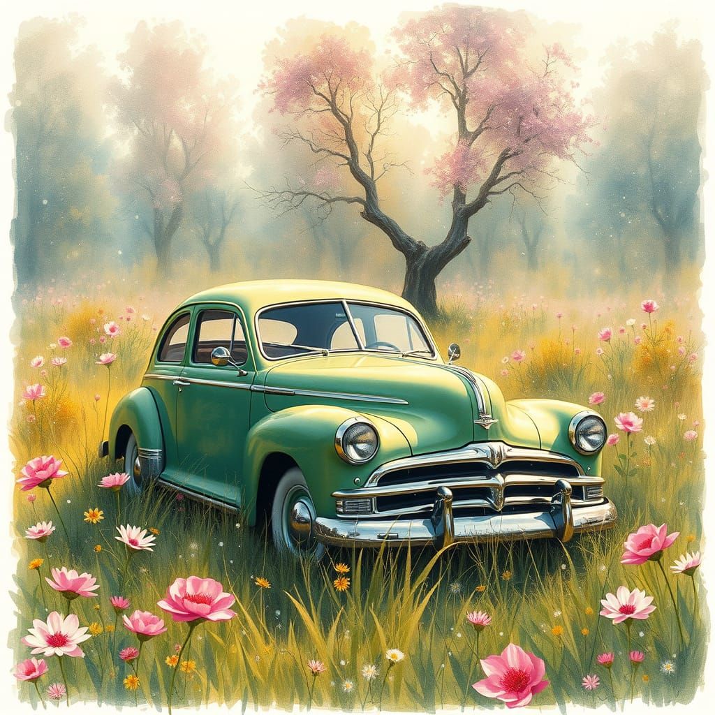 Vintage Car in Lush Flower Meadow, Surrealist Drawing